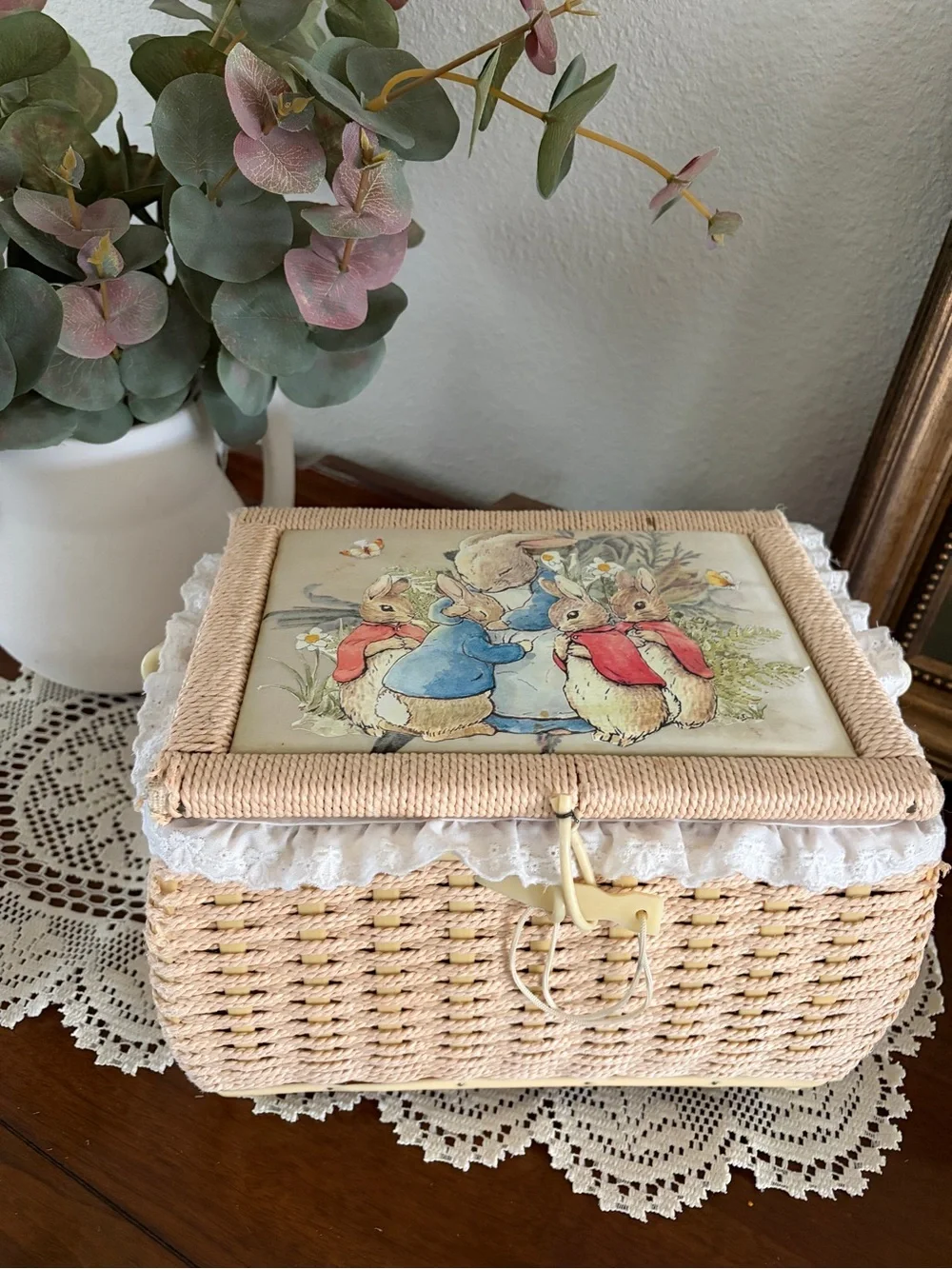 Vintage, cute, cottagecore, whimsical, coquette, basket,rabbit